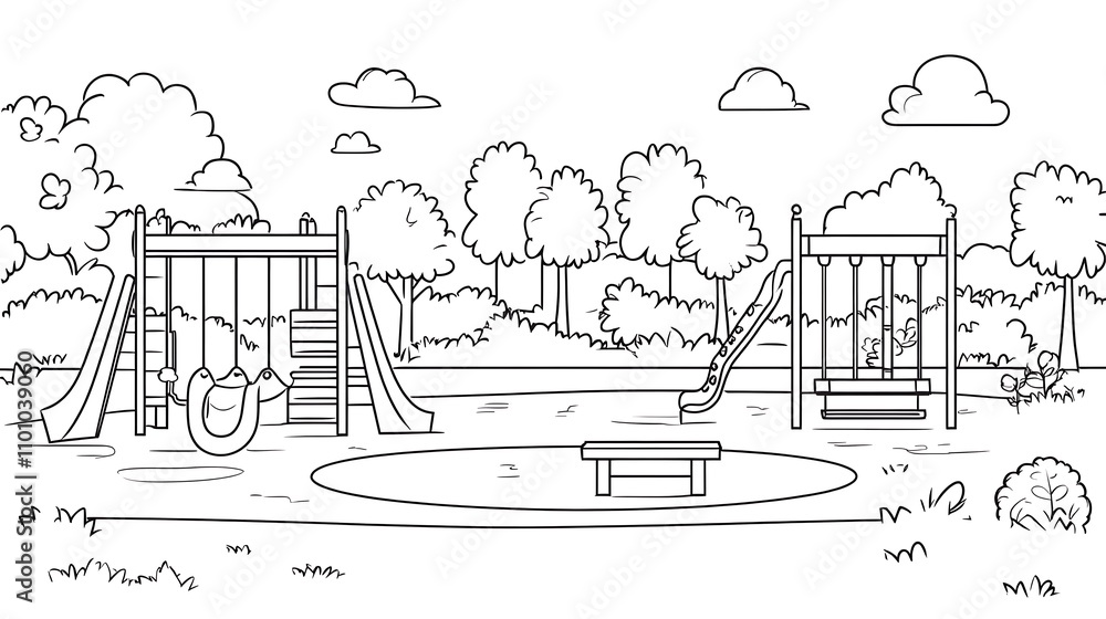 Obraz premium A playful cartoon playground scene for a kids’ coloring page, including a seesaw, slide, and swing, with sick lines and low detail, designed in a simple doodle style