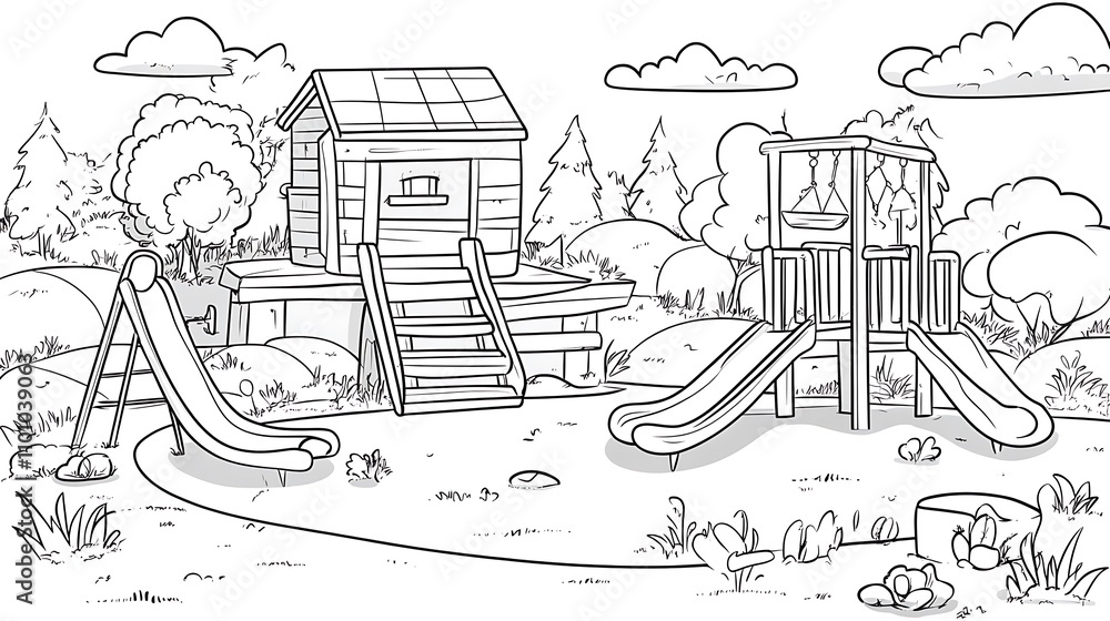 Obraz premium A playful cartoon playground scene for a kids’ coloring page, including a seesaw, slide, and swing, with sick lines and low detail, designed in a simple doodle style