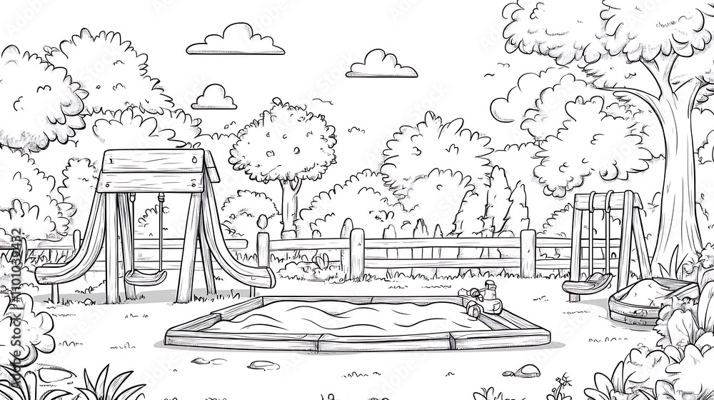 Obraz premium A playful doodle-style playground with slides, swings, and a sandbox, featuring sick lines and low detail, no shading, perfect for a cartoon coloring book for children