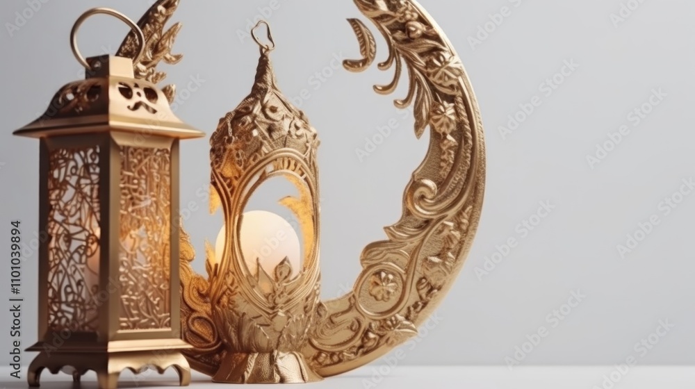 Fototapeta premium Golden Ramadan Decor: Lanterns and Crescent Moon