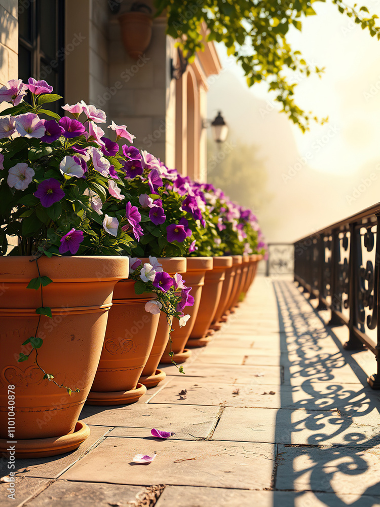 Beautiful row of potted plants with purple and white flowers on a sidewalk, outdoor decoration, plant arrangements Beautiful row of potted plants with purple and white flowers on a sidewalk, outdoor decoration, plant arrangements