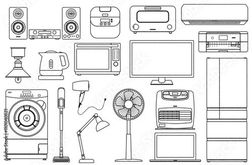 手描き風ラフな線画家電製品ベクターイラストセット ドラム式洗濯機 掃除機 扇風機 冷蔵庫 プリンター