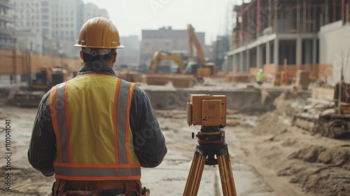 Construction Worker Surveying a Building Site photo