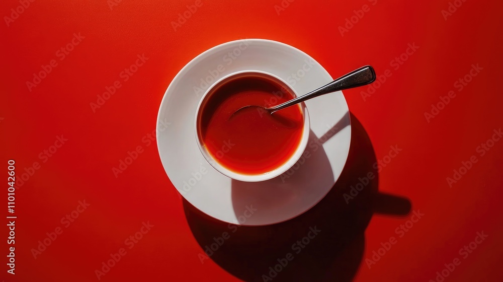 Presentation of thick tomato soup in a white bowl with a silver spoon, displayed from above on a striking red tablecloth. Presentation of thick tomato soup in a white bowl with a silver spoon, displayed from above on a striking red tablecloth.