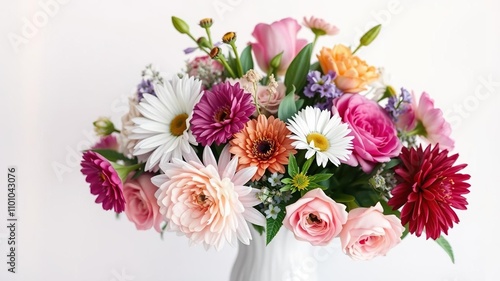 Floral arrangement with mixed flowers in a white vase, mixed flowers, arrangement, vases