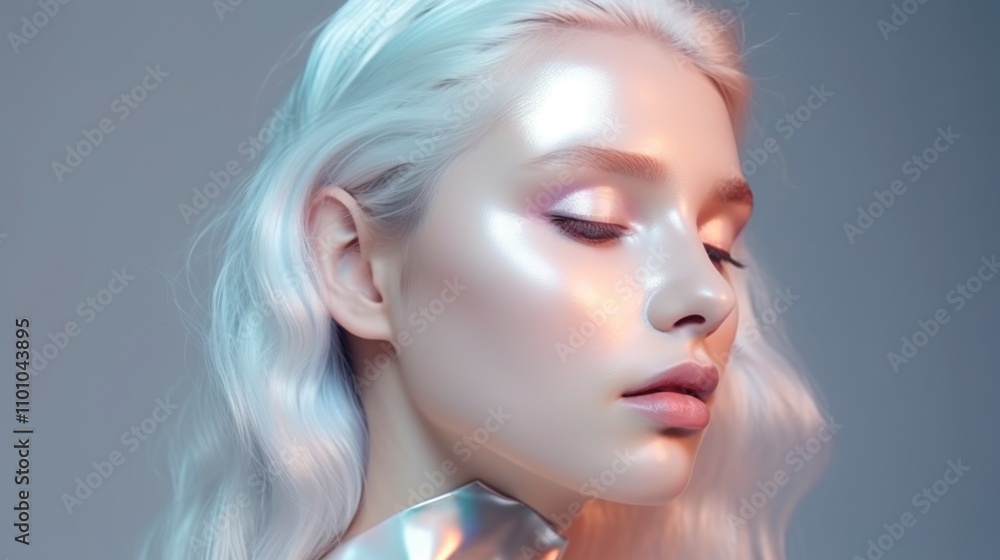 Fototapeta premium Ethereal Beauty: A Portrait of a Woman with Platinum Blonde Hair and Glowing Skin