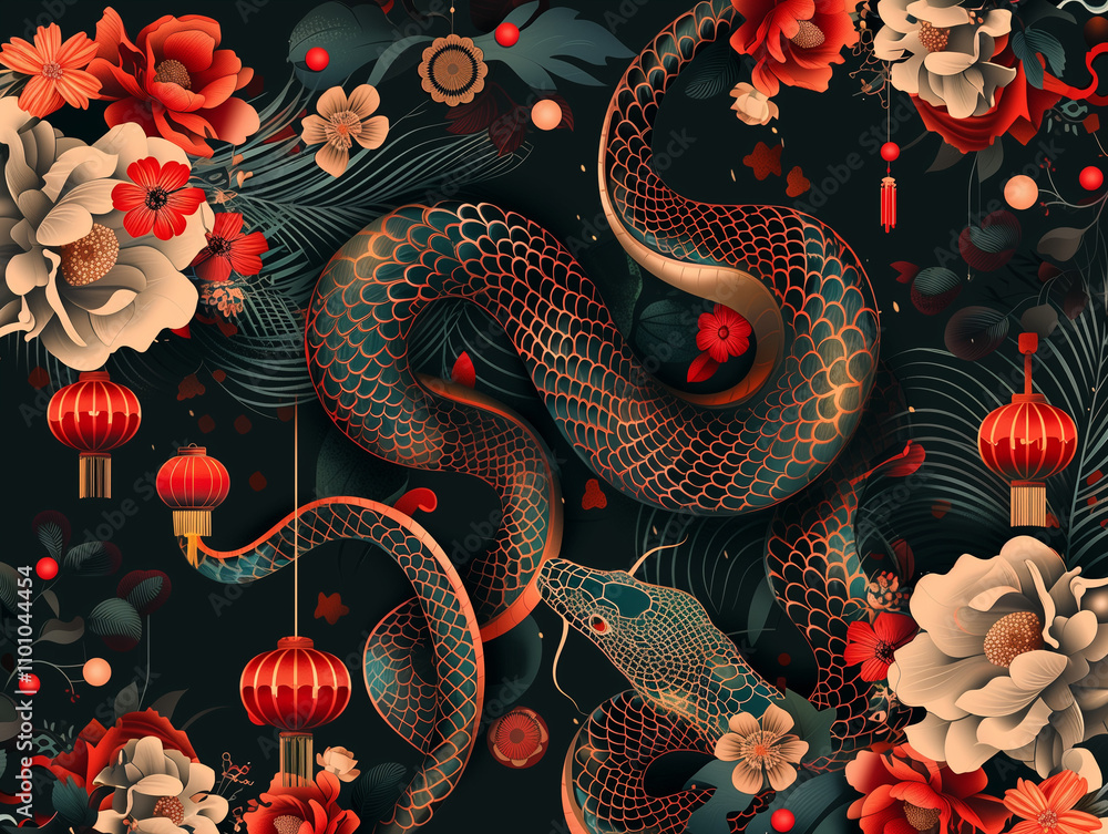 A snake is shown in a painting with flowers and lanterns A snake is shown in a painting with flowers and lanterns