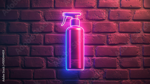 A shiny neon poster advertises a hairspray.  It features a 3D illustration of the spray bottle against a brick wall. Ideal for barbershops and salons. photo