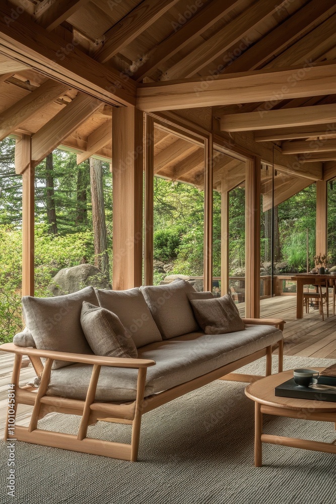 Fototapeta premium Cozy Cabin Porch Overlooking Lush Forest Landscape