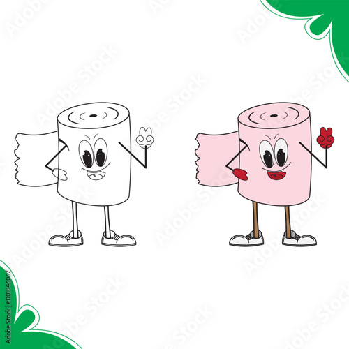 cartoon toilet paper roll character with a smiling face, wearing gloves and shoes, poses with a peace sign. This engaging and whimsical illustration features anthropomorphic elements, making it a fun.