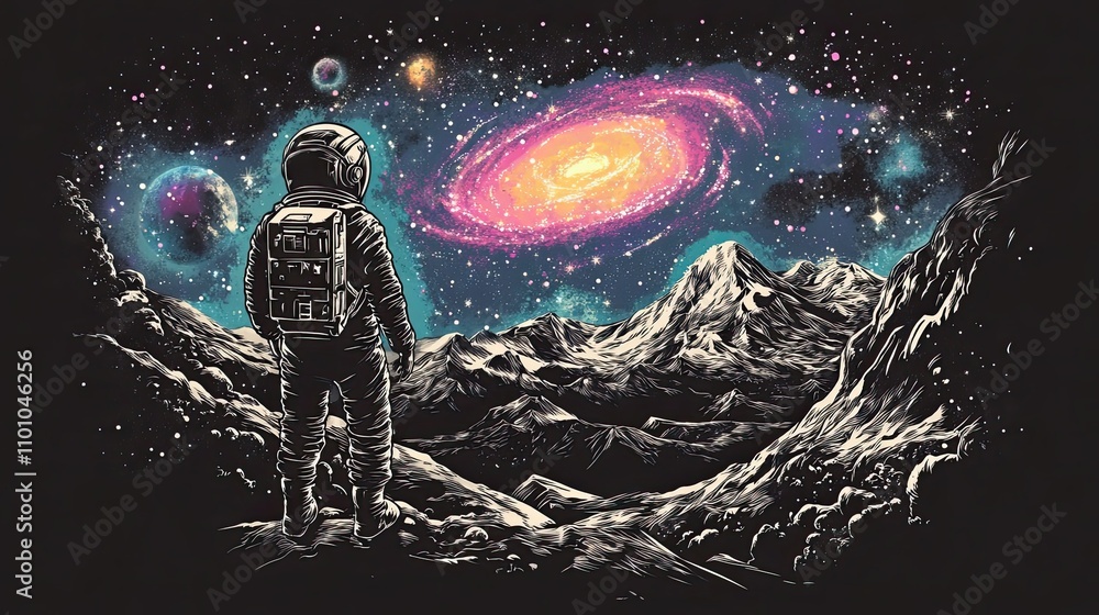 Obraz premium Astronaut Gazing at a Cosmic Galaxy from Mountainous Terrain