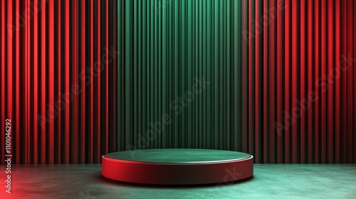 A green and red curtain backdrop with a red and green stage