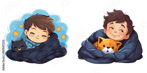Cute kids cuddling pets under blankets with starry backgrounds. Generative AI.