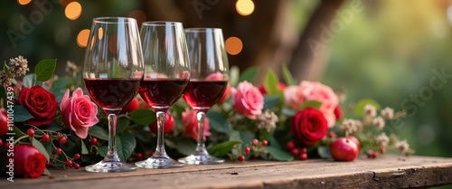 Elegant Wine Glasses on a Rustic Wooden Table Surrounded by Flowers and Festive Decorations photo