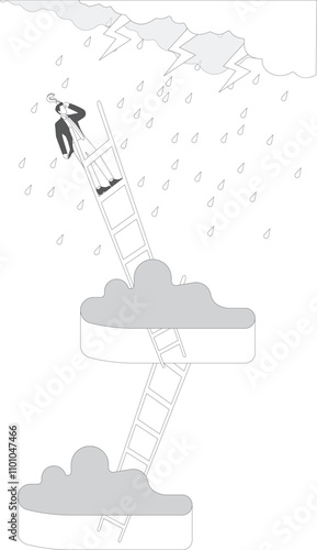 Businessman is climbing ladder, dark clouds is raining and Lightning