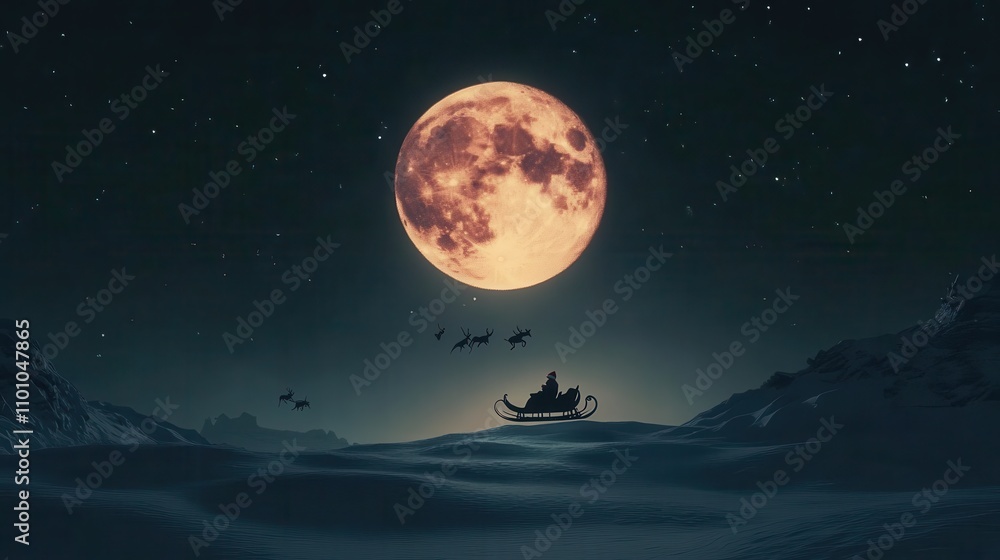 Naklejka premium Santa Claus Rides His Sleigh Across Snowy Mountains Under a Large Moon
