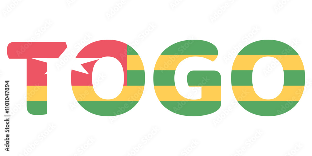 The country name TOGO is displayed in large, bold letters. Each letter is filled with the colors and symbols of the Togolese flag. The country name TOGO is displayed in large, bold letters. Each letter is filled with the colors and symbols of the Togolese flag.