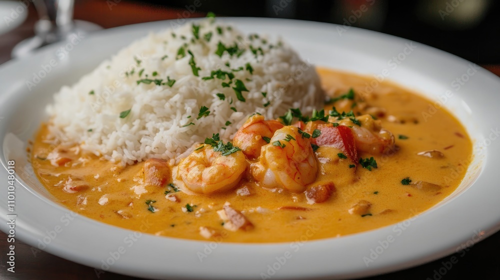 Coconut Shrimp Curry with Tender Shrimp in Rich Sauce, Accompanied by Fluffy Rice and Fresh Cilantro on a Classic White Plate Coconut Shrimp Curry with Tender Shrimp in Rich Sauce, Accompanied by Fluffy Rice and Fresh Cilantro on a Classic White Plate