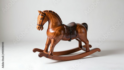 Handmade wooden rocking horse crafted from high-quality wood, showcasing intricate details and craftsmanship photo