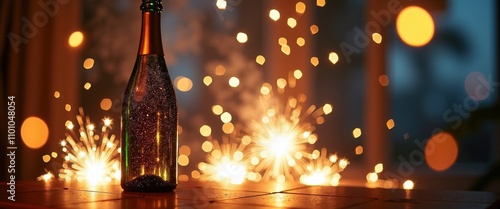 Champagne Bottle With Sparklers Lit Beside It in a Festive Party Scene Full of Energy photo