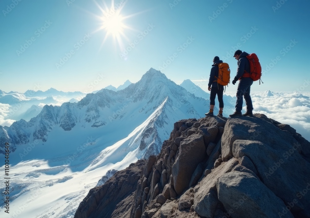 Fototapeta premium Adventurers on mountain peak admire stunning snow-covered landscape at sunrise