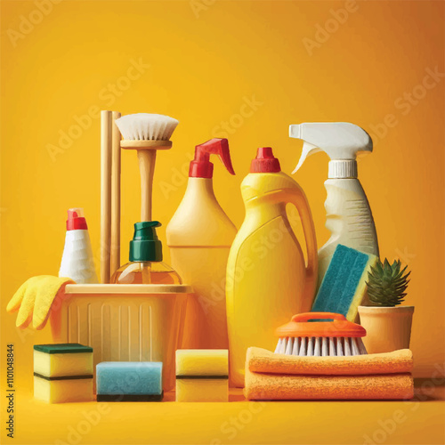 Cleaning Supplies on a Yellow Background.