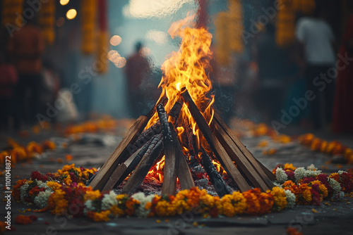 Traditional Holika Dahan Banner Featuring Vibrant Rangoli Patterns, Burning Wood Illustrations, and Room for Celebration Announcement photo