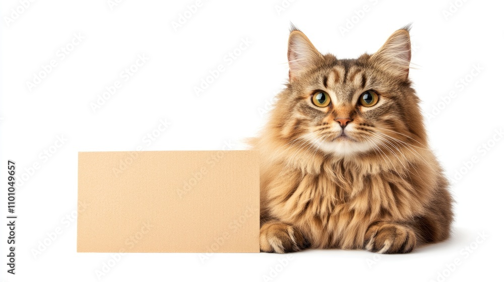 Fluffy cat with striking eyes sitting next to a blank sign on a white background, exuding a humorous and charming demeanor. Fluffy cat with striking eyes sitting next to a blank sign on a white background, exuding a humorous and charming demeanor.
