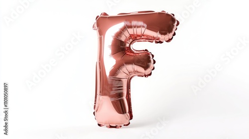 Rose gold foil inflatable helium balloon shaped like the uppercase letter F isolated on a clean white background photo