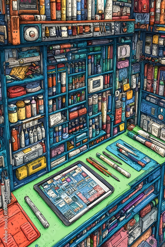 Wallpaper Mural Detailed illustration of a cluttered, organized art supply cabinet overflowing with various items. Torontodigital.ca