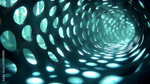 Futuristic tunnel with repeating circular patterns, glowing teal light. photo