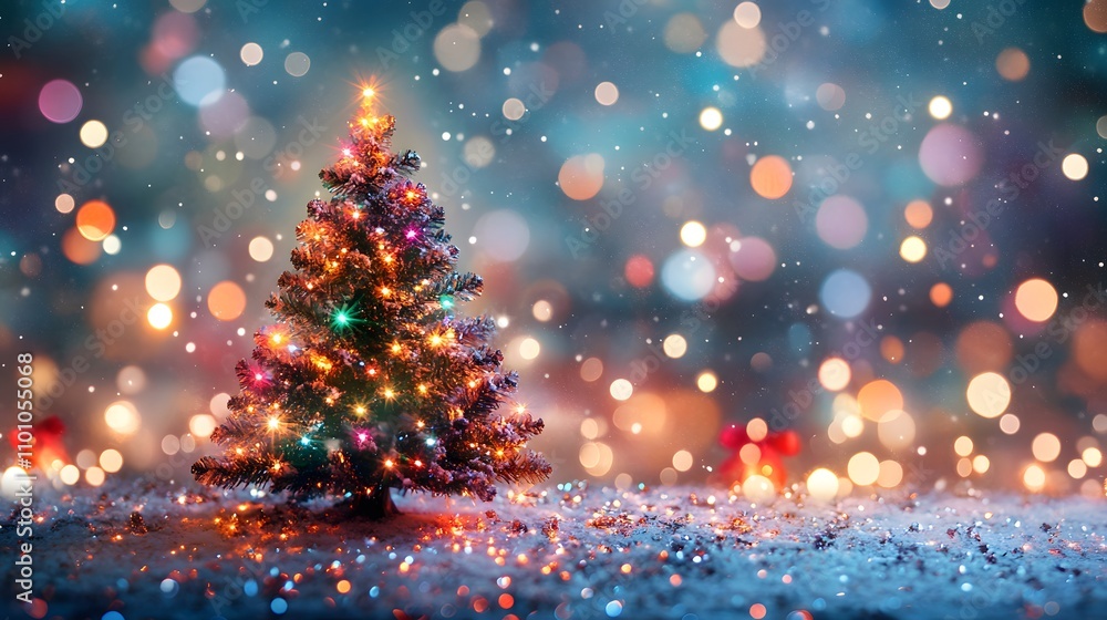 Obraz premium Illuminated Christmas Tree in Snowy Winter Wonderland