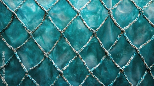 Abstract square mesh netting texture with a turquoise background, emphasizing depth and detail in a safety and protective context. photo