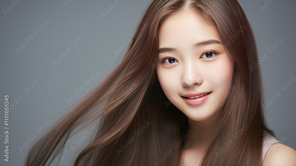 Fototapeta premium Portrait of smiling asian teenager girl gray background.