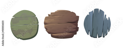 Old wood round signboard different colors painted, empty rough plank wooden texture, timber signpost desk vector set