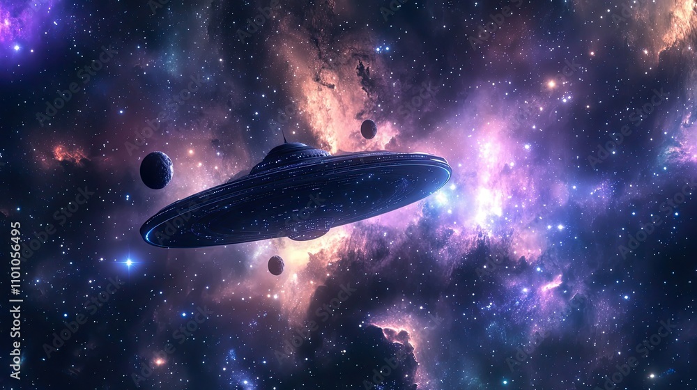 Obraz premium Spaceship Soaring Through Cosmic Nebula and Stars