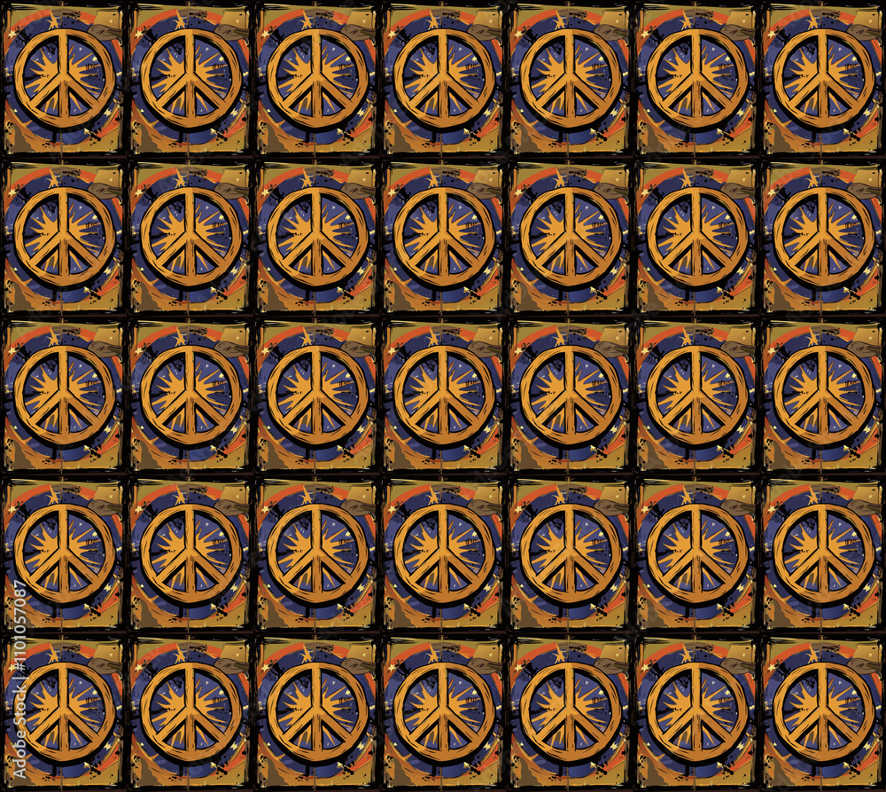 Peace Sign Pattern: A vibrant and psychedelic pattern featuring a multitude of peace signs, radiating a message of harmony and unity. Perfect for creating a retro and groovy aesthetic. Peace Sign Pattern: A vibrant and psychedelic pattern featuring a multitude of peace signs, radiating a message of harmony and unity. Perfect for creating a retro and groovy aesthetic.
