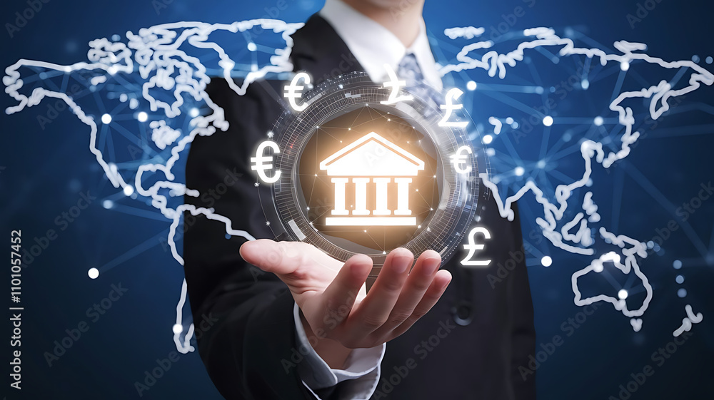 Business Professional Holding Glowing Digital Bank Icon with Floating Currency Symbols $, €, ¥, £, digital bank, currency exchange, global finance, Business Professional Holding Glowing Digital Bank Icon with Floating Currency Symbols $, €, ¥, £, digital bank, currency exchange, global finance,