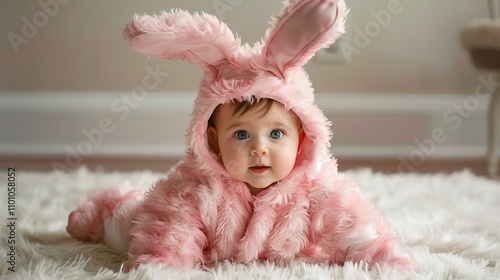 A fluffy pink bunny costume for babya??s first Halloween photo