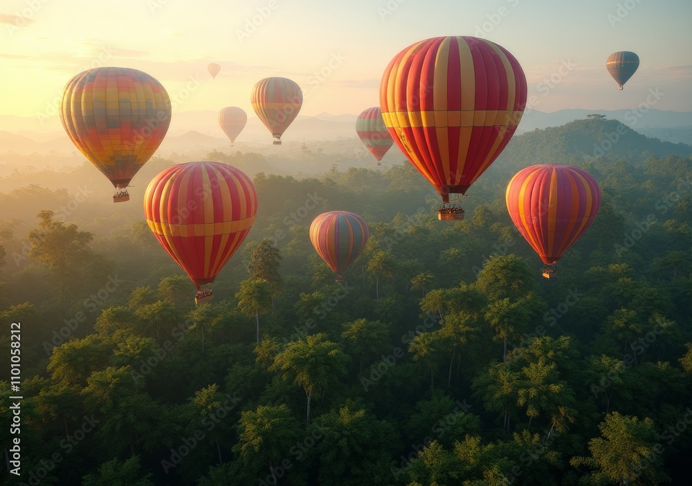 Fototapeta premium Colorful hot air balloons soar over lush green landscape at sunrise in Indonesia