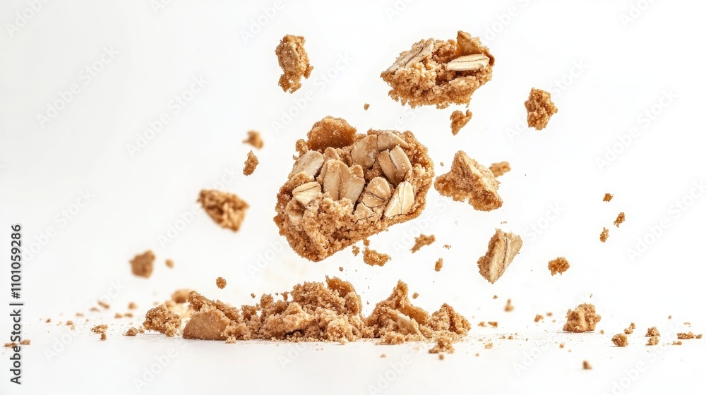 Obraz premium Crumbling oatmeal cookie pieces suspended in air against a white background, showcasing broken textures and scattered chunks with oats.