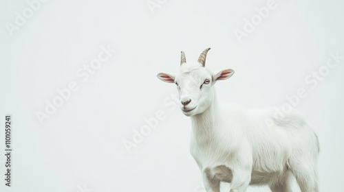 White goat portrait against a plain white background, offering ample space for advertising or branding needs with a clear focus on the animal.