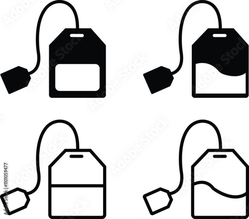 Tea bag icon set. Teabag black line and flat vector collection isolated on transparent background. Teabag sign and symbol for apps and websites. Cartoon herbal Healthy beverage lifestyle drink concept