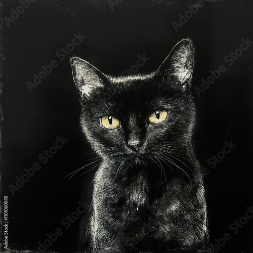 A captivating portrait of a black cat, its intense gaze piercing through the darkness. A monochromatic masterpiece of feline elegance. photo