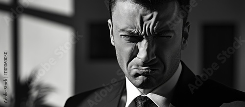 Businessman showing frustration and annoyance with a serious expression in a dramatic black and white portrait setting. photo