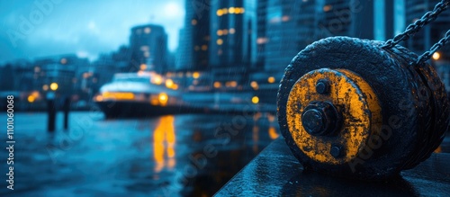 Mechanical winch with yellow and black markings by the waterfront showcasing urban architecture and a boat under evening light