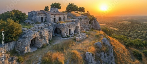 Aerial view of Grotte di Catullo ruins at sunset highlighting ancient structures and olive groves on a scenic peninsula landscape photo