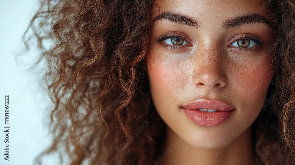 Brunette female with long curly hair and pink lipstick displaying natural beauty against a white background Brunette female with long curly hair and pink lipstick displaying natural beauty against a white background