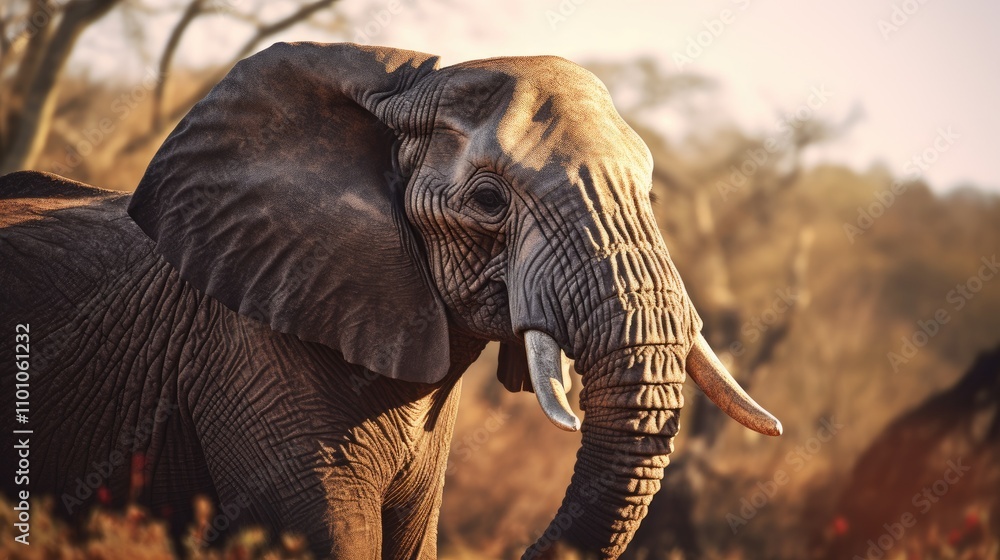 Fototapeta premium Majestic African elephant enjoying golden hour glow in savannah landscape capturing wildlife serenity and natural beauty.