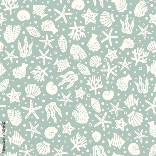 Underwater seamless pattern with repeated coral polyps, mollusks, starfish, shell, clam, fish, oyster, and seaweed. Aquatic irregular mixed ornament. Groovy hand drawn ocean wildlife vector print